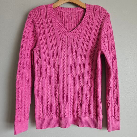Womens Pink Cable Knit Cotton Sweater Size Medium V Neck Pullover Classic Preppy - Picture 1 of 8